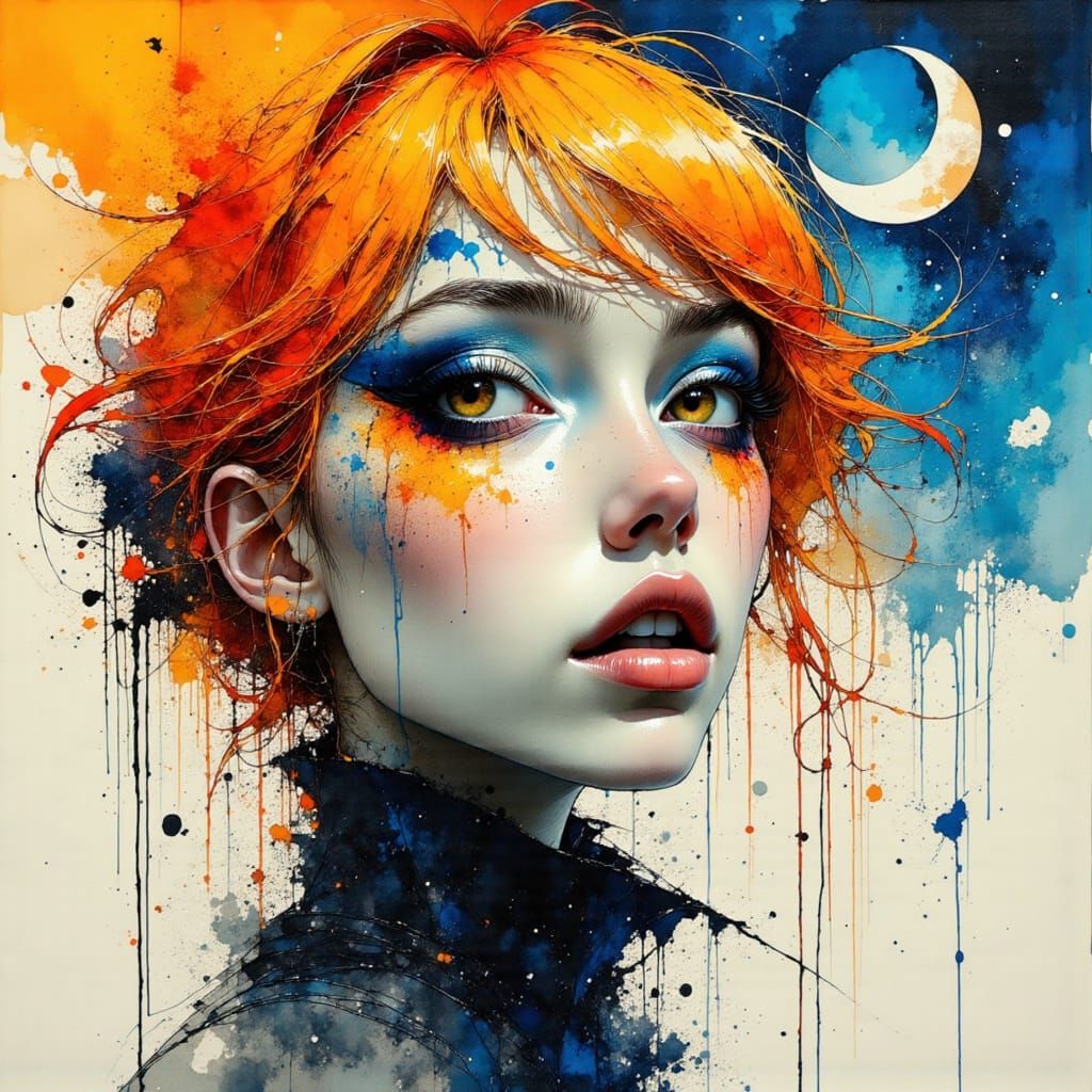 Woman with Blue Eyeliner in Dreamlike Ink Scene