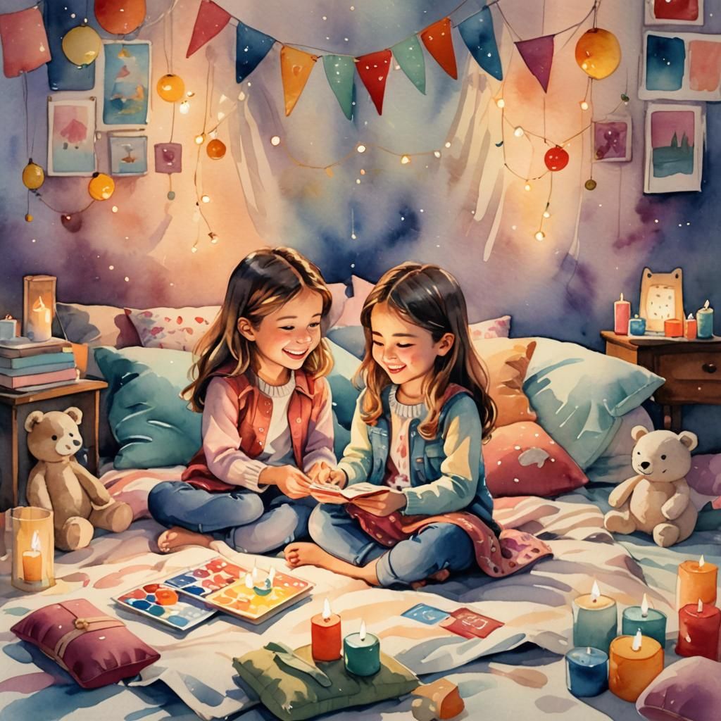 Girls Playing Cards: Whimsical Watercolor Illustration
