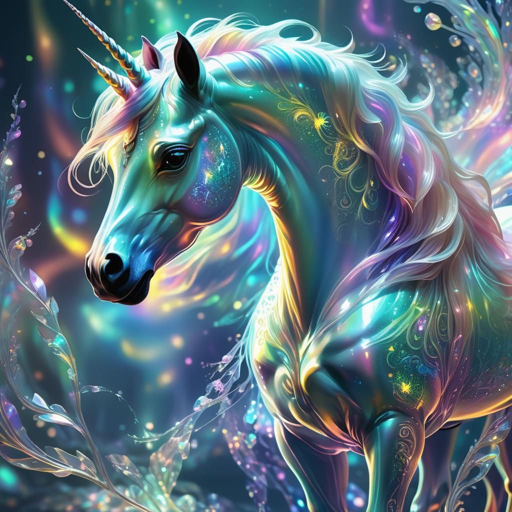 Holographic Unicorn with Fluorescent Colors, Digital Art