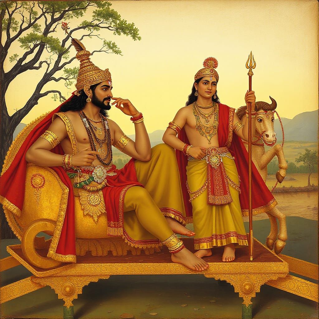 Arjuna and Krishna in Chariot, Classical Indian Style
