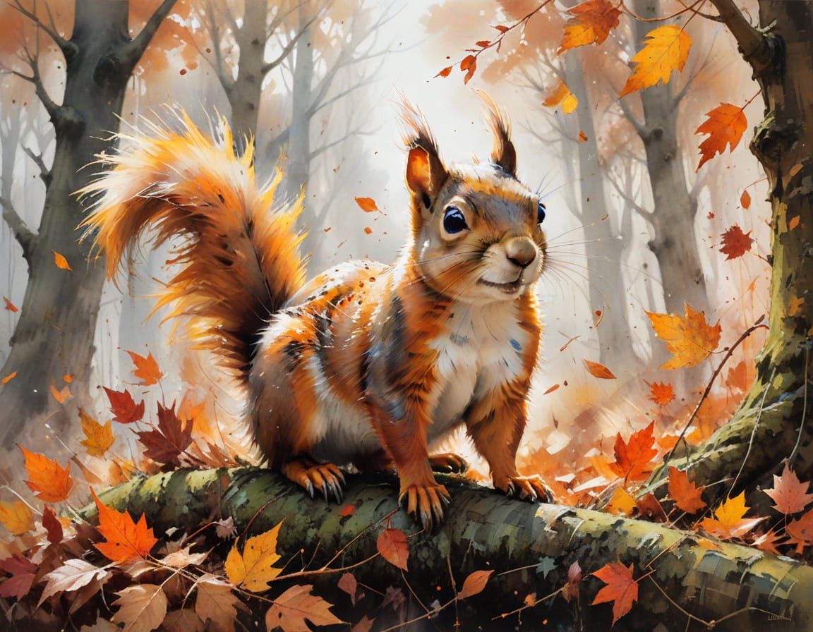 Squirrel's Autumn Dance: Watercolour Painting in WLOP Style
