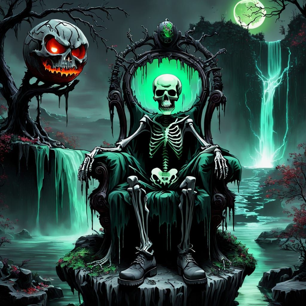 Skeletal Figure with Glowing Orb on Carved Armchair