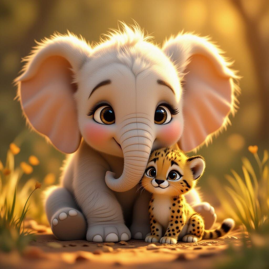 Baby Elephant Protects Cheetah Cub in Warm Golden Hour Light