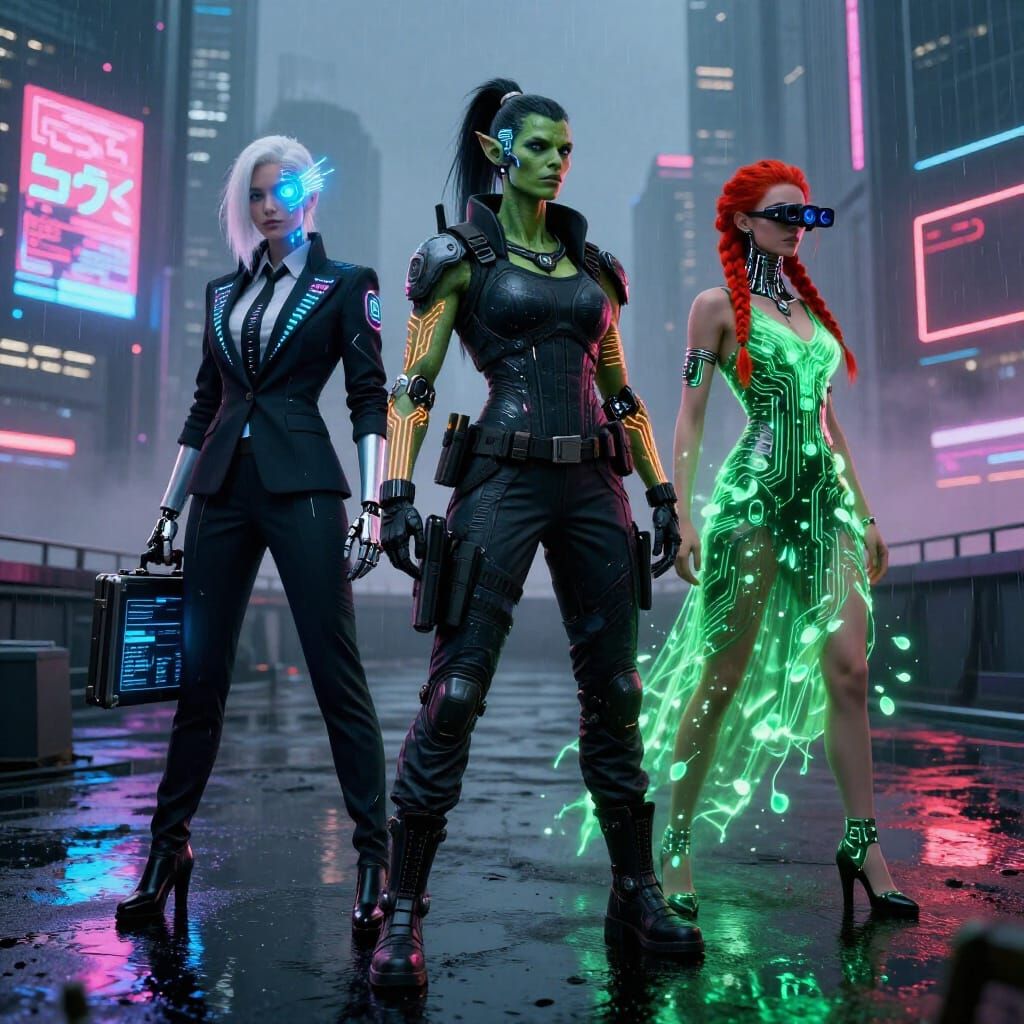 Cyberpunk Women on Neon Rooftop