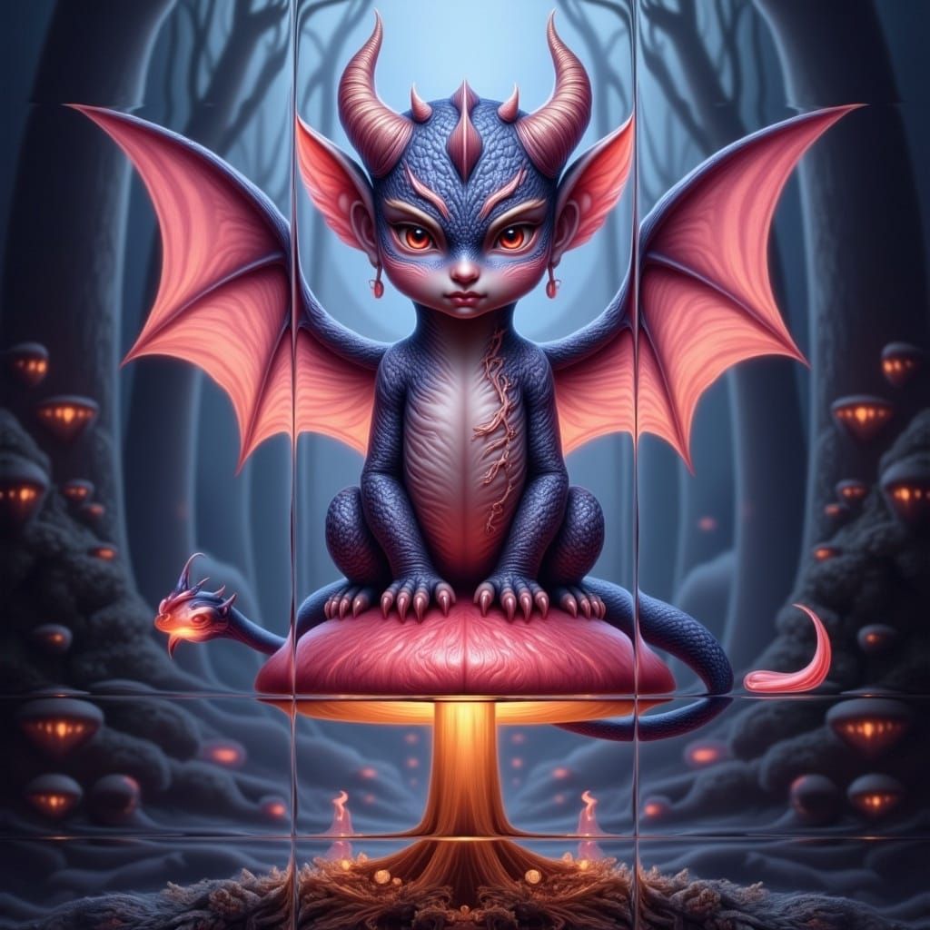 Chibi Dragon on Bioluminescent Mushroom