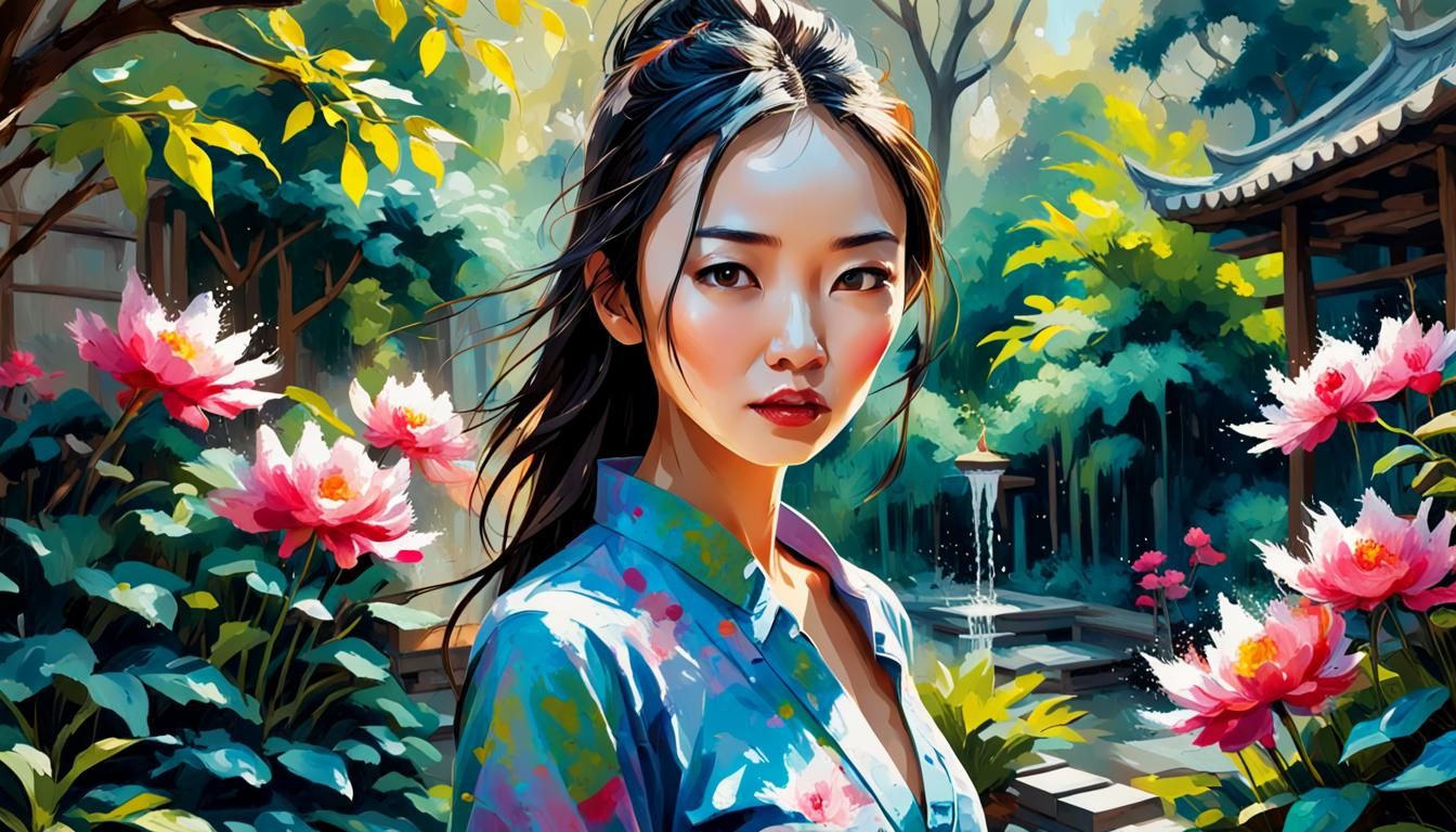 Beautiful Chinese Woman in Garden, Detailed Color Ink