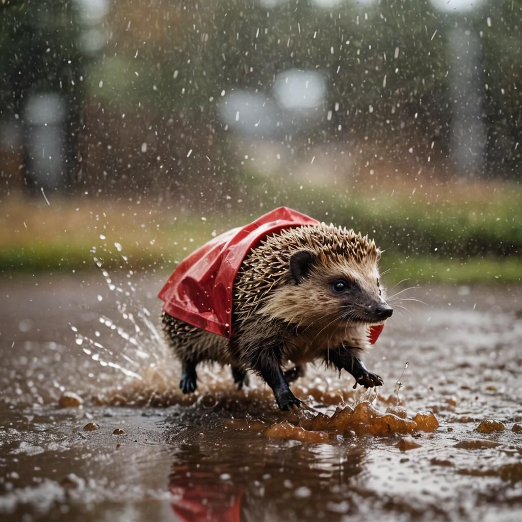 Hedgehog in Red Raincoat Runs Through Puddles