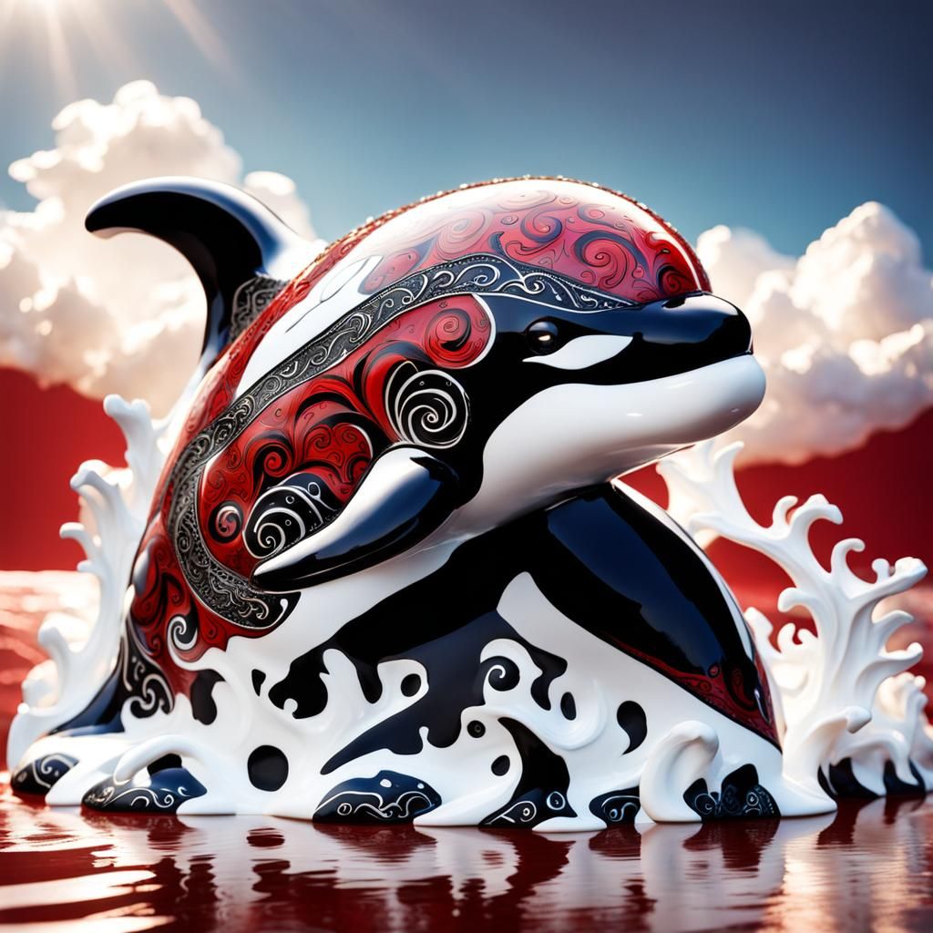 Cracked Porcelain Killer Whale in Red Water