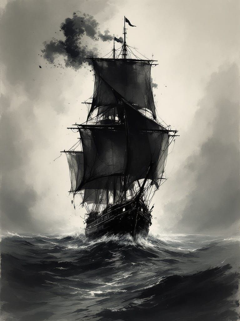 Dark Ship Sails the Stormy Sea in Japanese Ink Brush Art