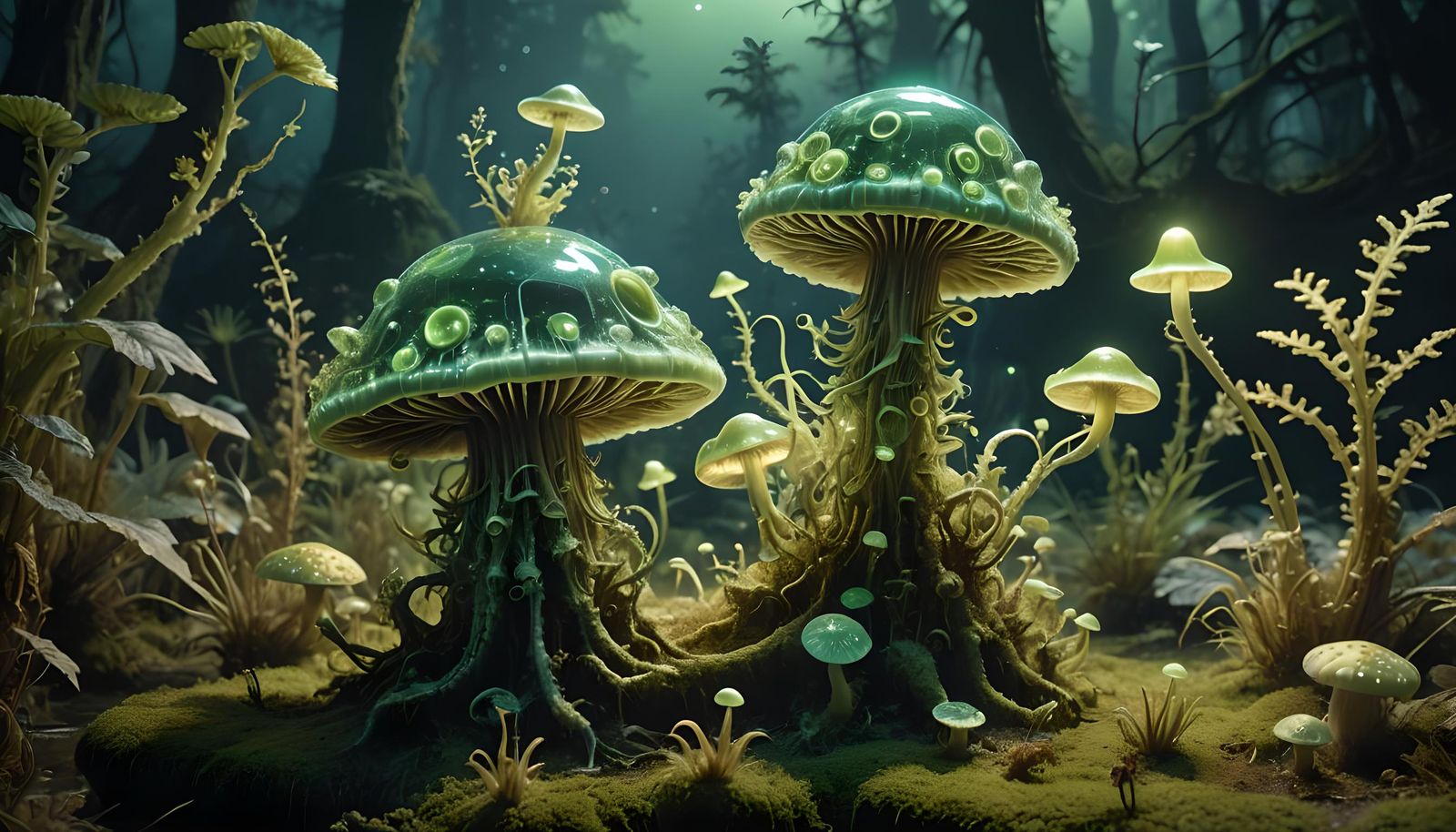 Bioluminescent Aliens on Mushroom Planet in Haeckel Style
