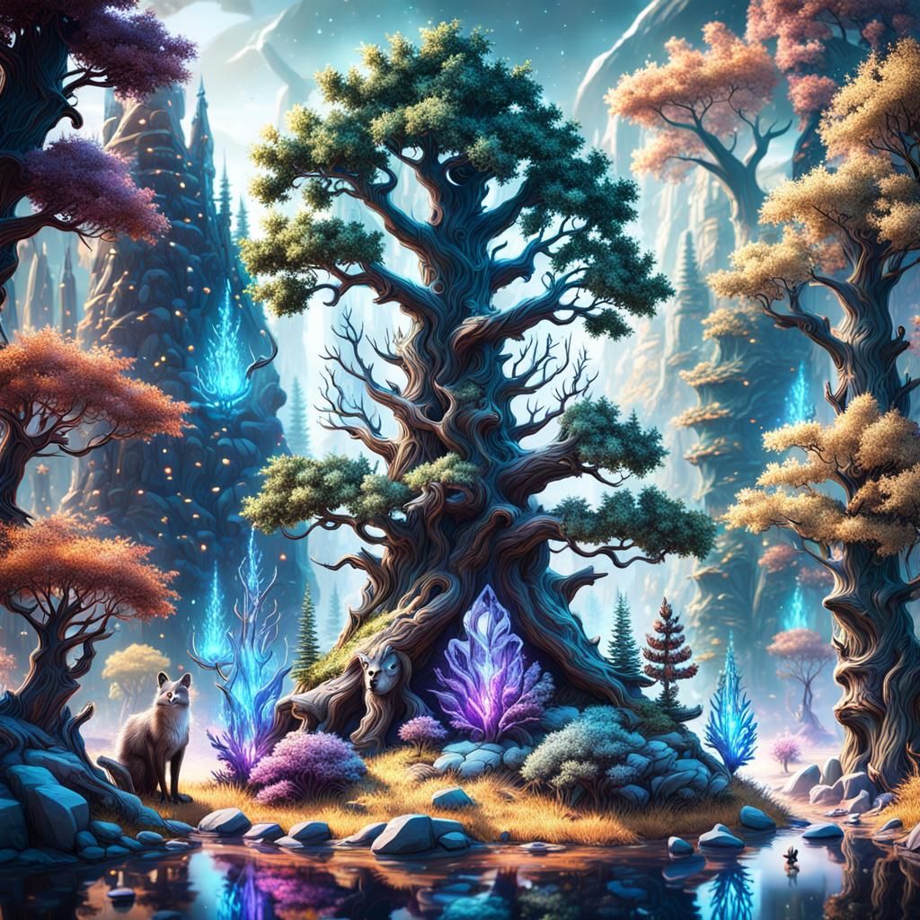 Crystal Trees with Forest Animals in Detailed Painting