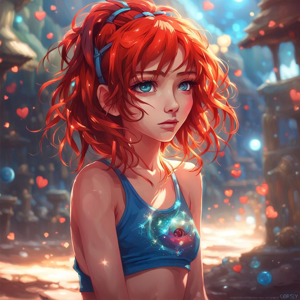 Anime Girl with Red Hair and Holy Glow