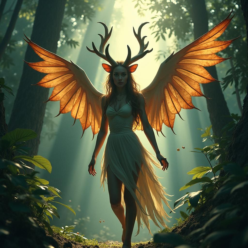 Bat-Clad Girl Flying Over Jungle, Dark Fantasy Style