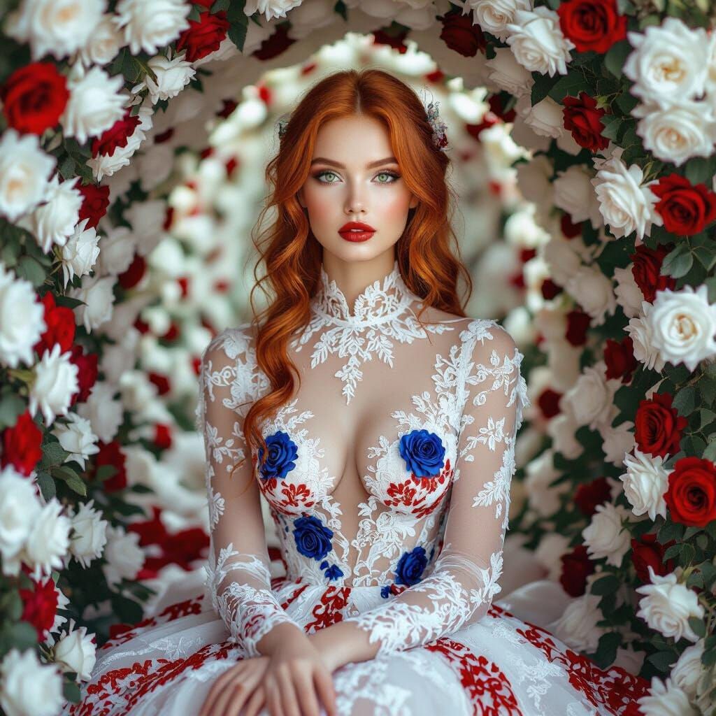 Woman in Rose Tunnel: Photorealistic Portrait