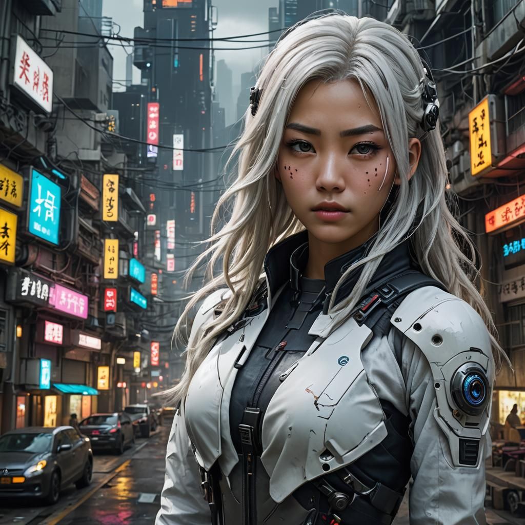 Cyberpunk Asian Girl in Ultra-Detailed Landscape