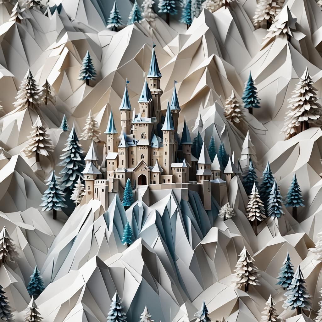 Mountain Castle Snow Globe in Origami Style