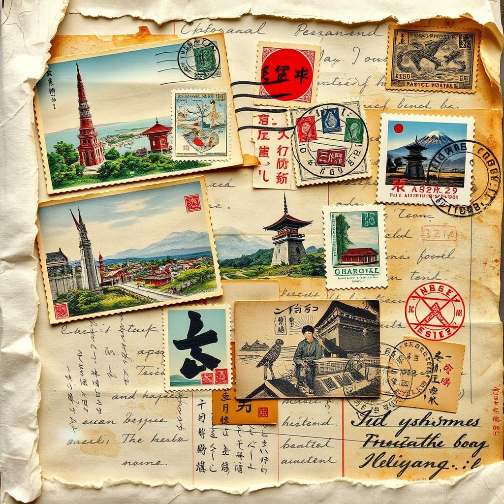 Distressed Vintage Collage with Antique Postcards and Waterc...