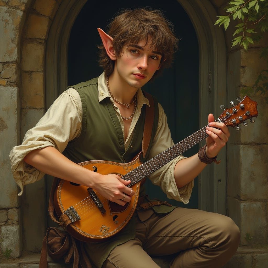 Half-Elf Musician in Whimsical Landscape