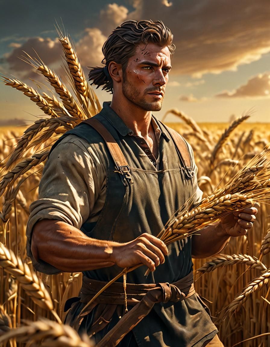 Warrior Helping Farmers Harvest Wheat Field