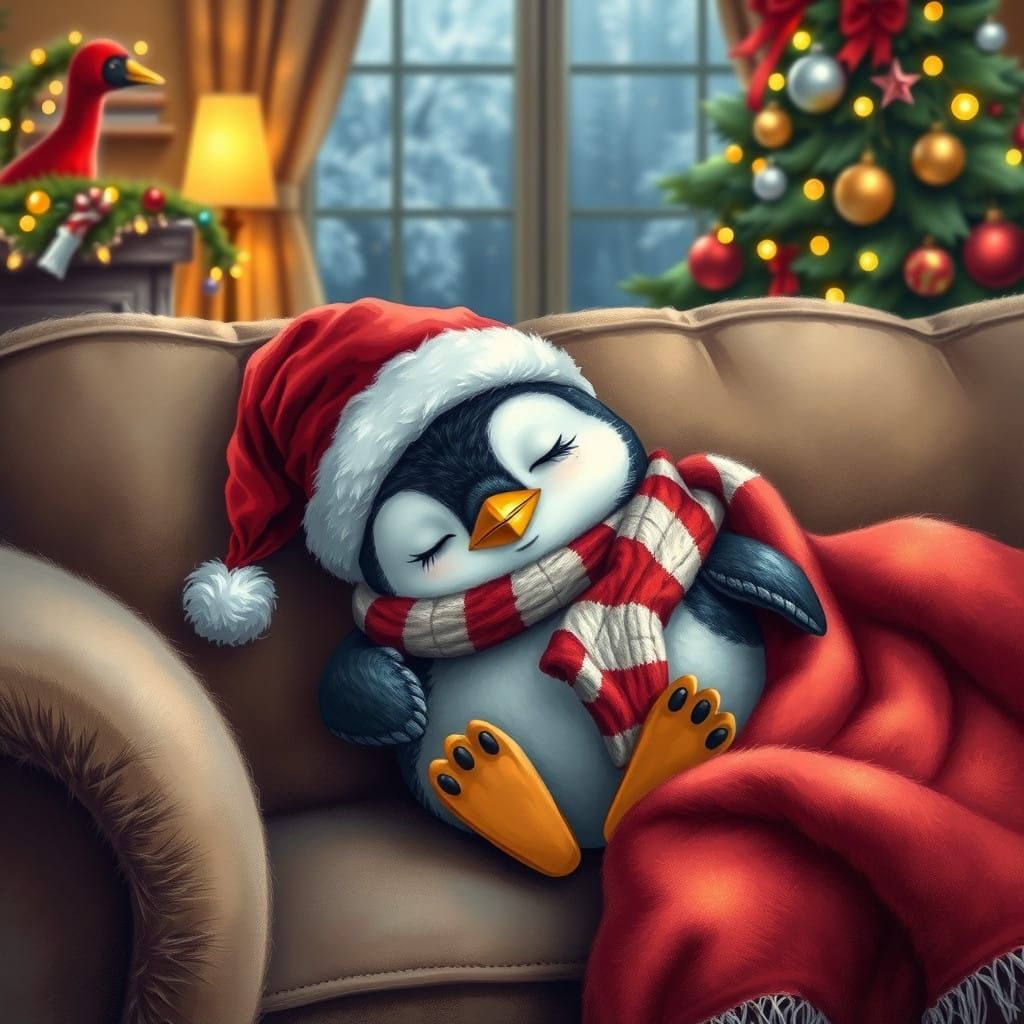 Baby Penguin Wears Santa Hat in Cozy Winter Wonderland