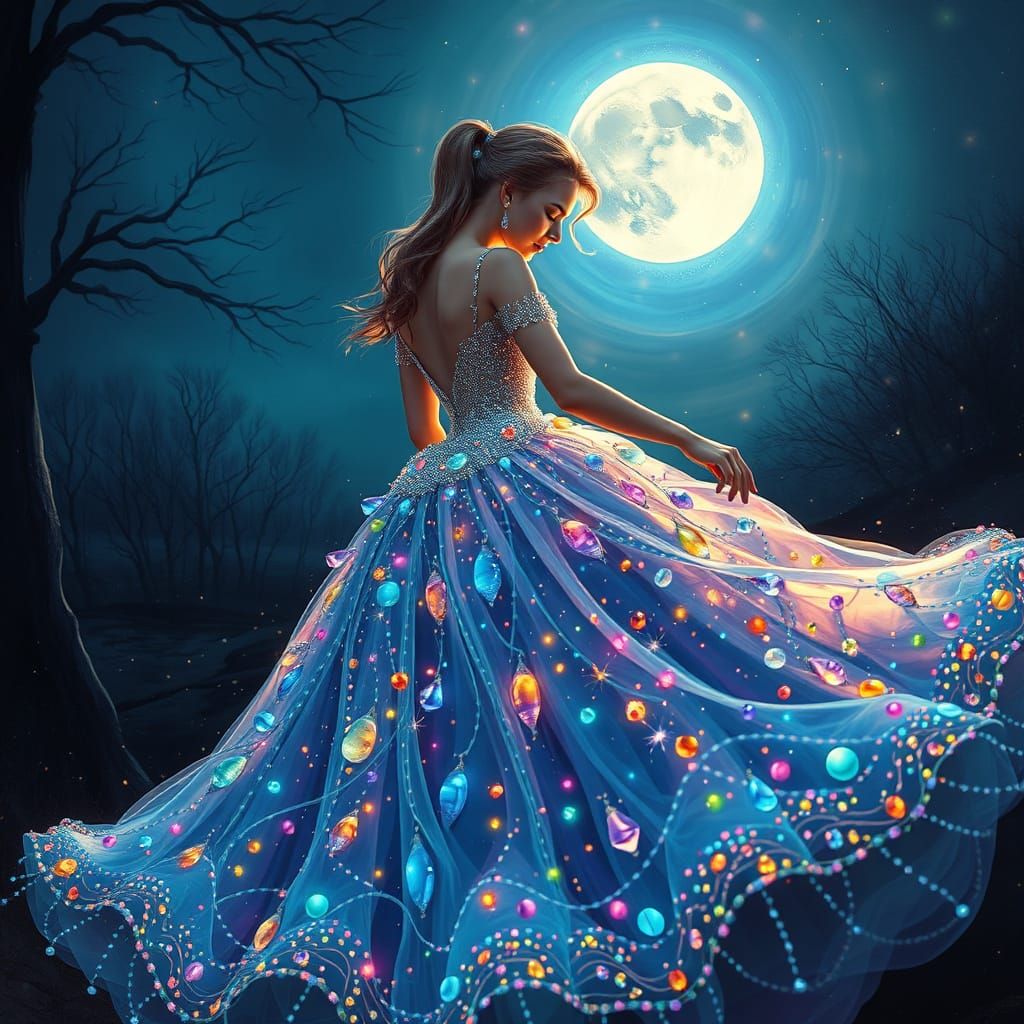 A ballgown with glass-like beads sparkling in the moonlight....