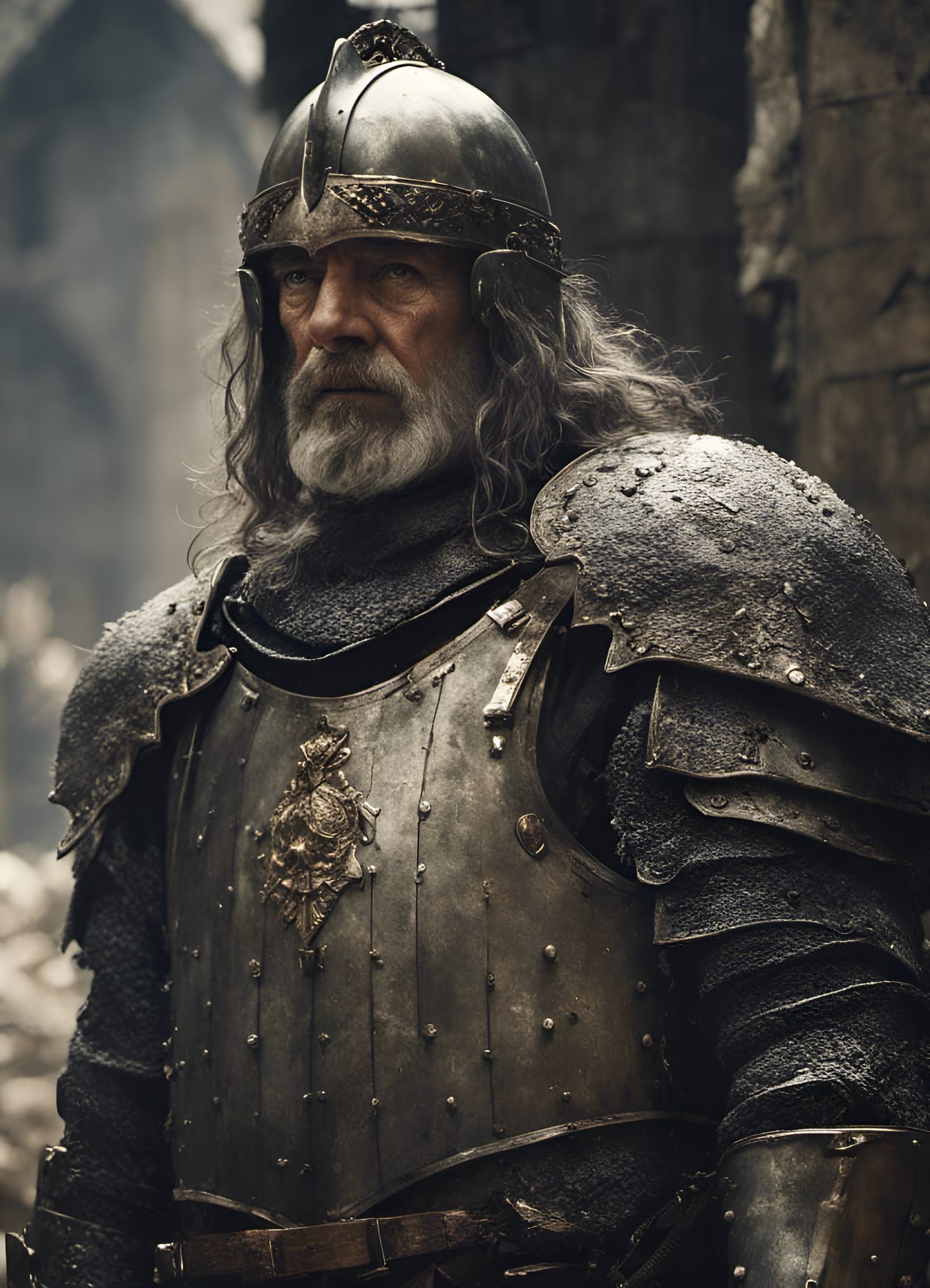 Mature Knight Portrait in Hyperrealistic Mixed-Media Style