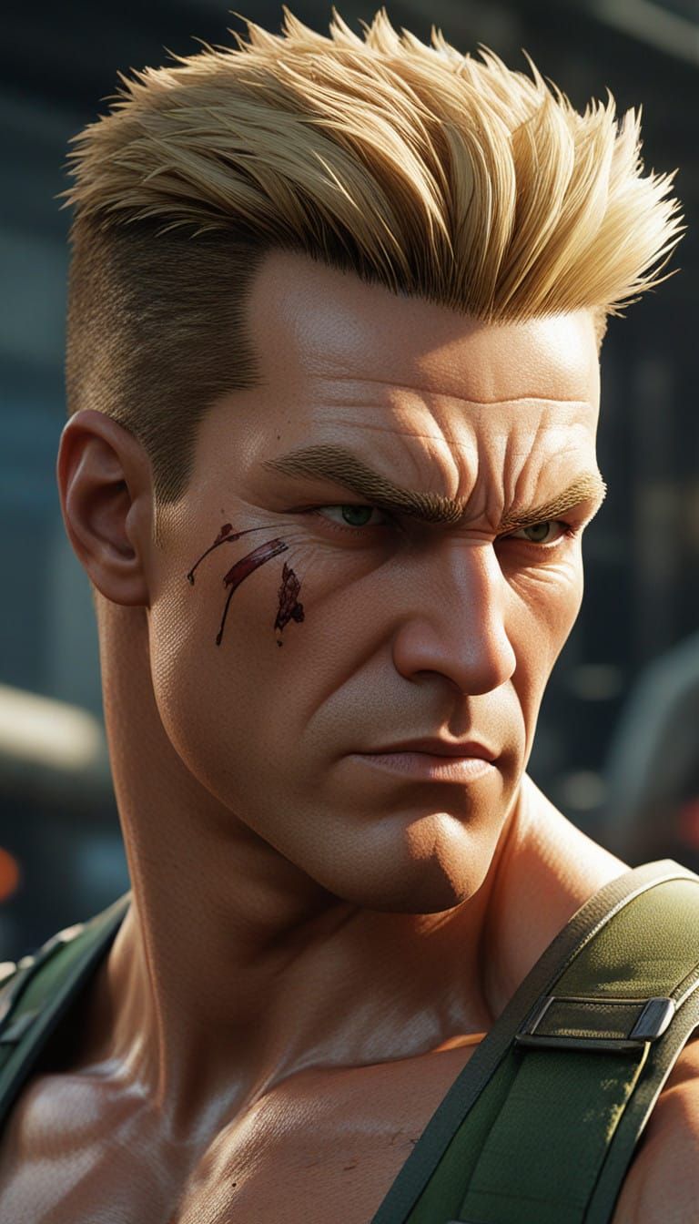 Hyperrealistic Guile, Street Fighter Icon, in Cyberpunk Mili...