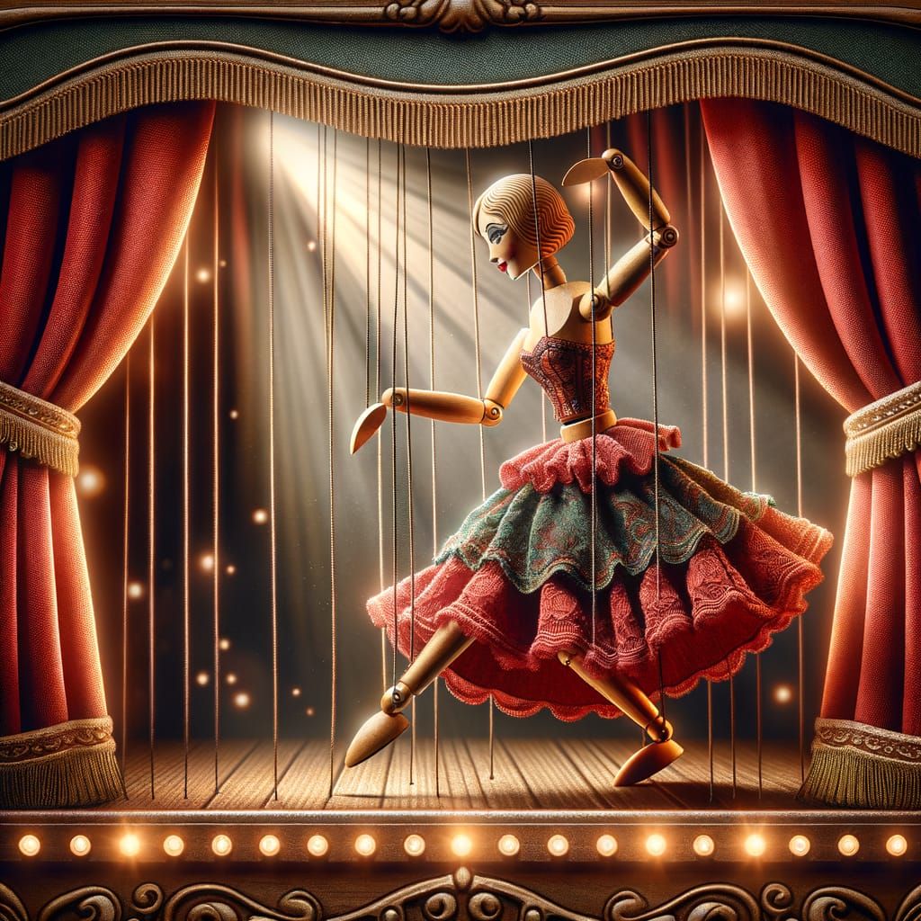 Intricate Wooden Marionette Can-Can Dancer on Stage