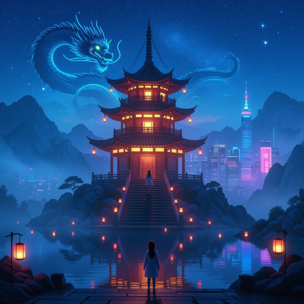 Girl Gazes at Glowing Pagoda with Dragon, Cyberpunk City