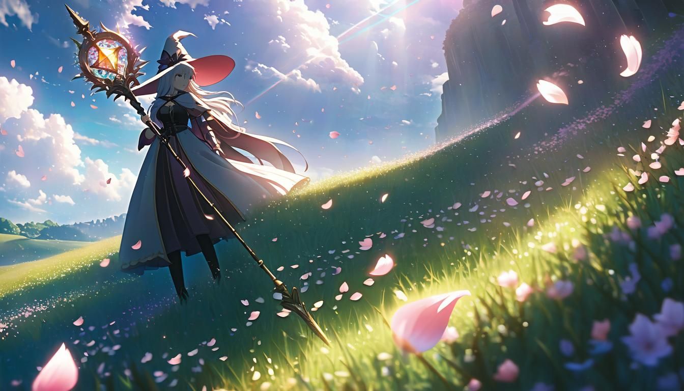 Magical Catgirl Witch in Windswept Meadow