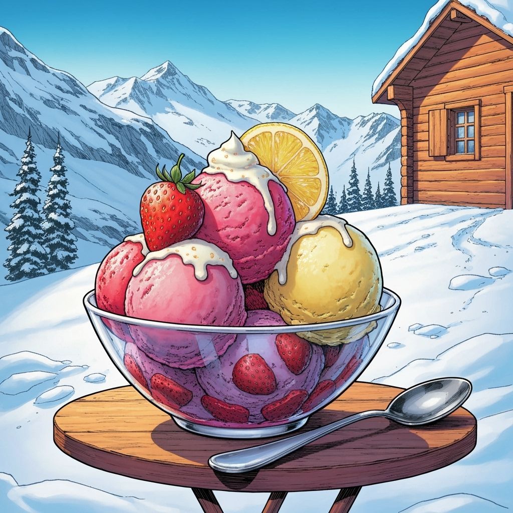 Splendid Swiss Alps Ice Cream Scene in Comic Art Style