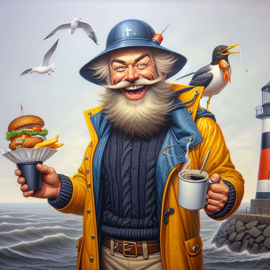 Humorous North German Sailor Caricature with Fish Sandwich