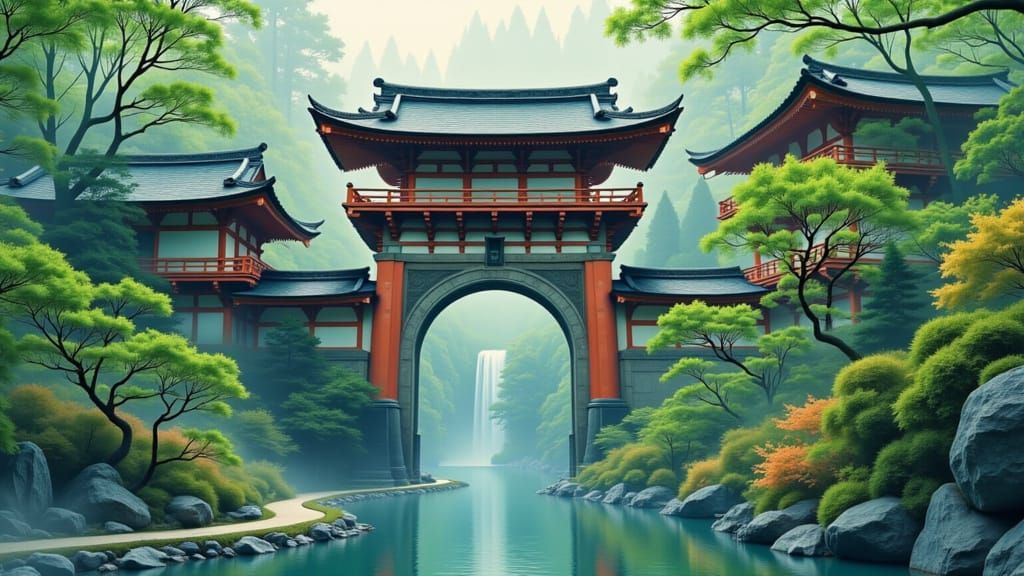 Mystical Dragon Gate in Japanese Landscape