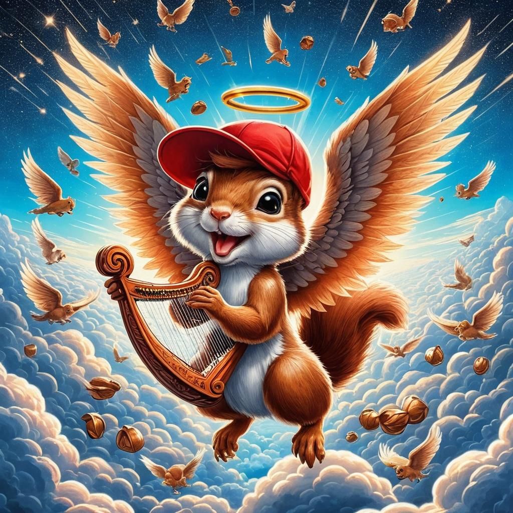 Squirrel Angel Playing Harp in Heaven Cartoon