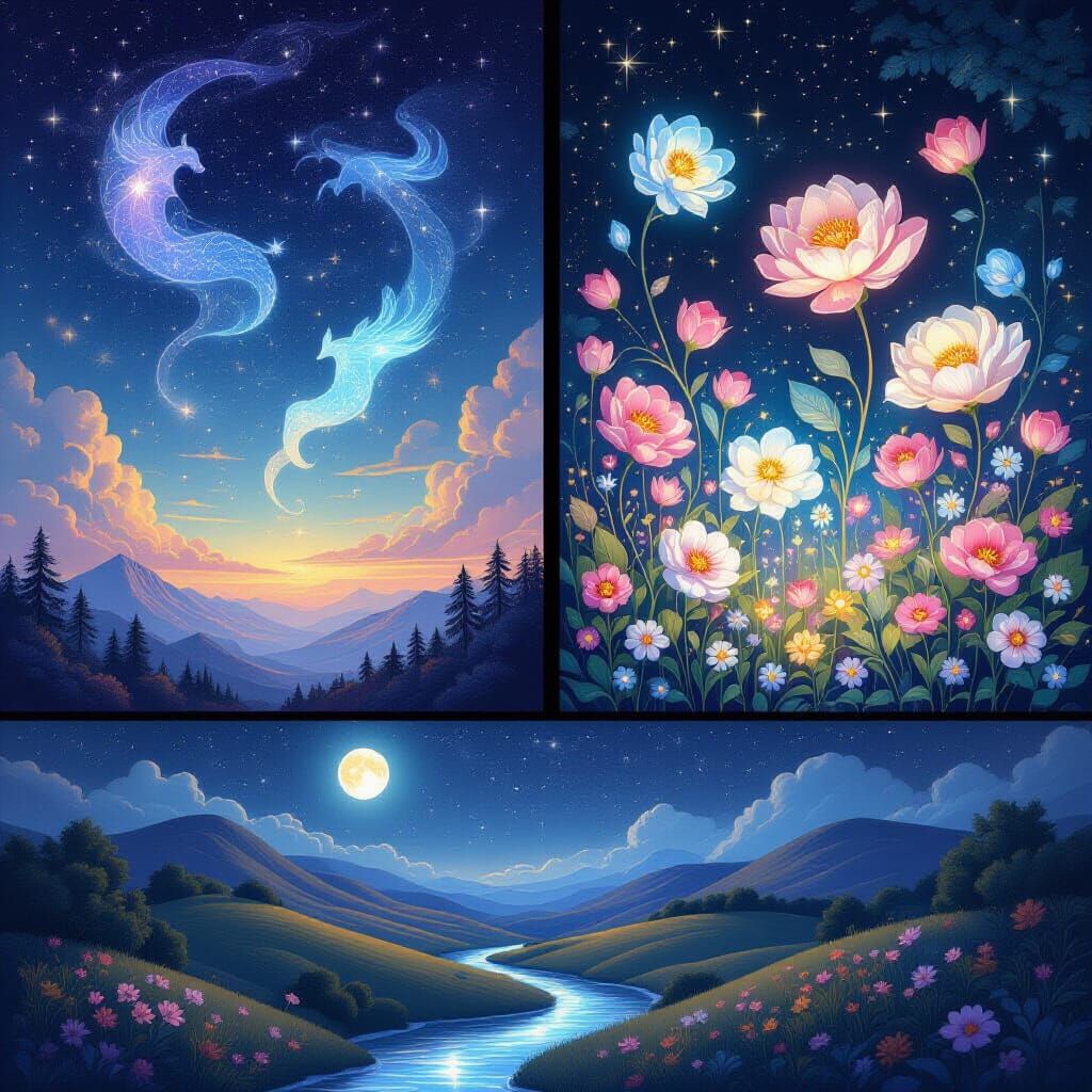 Celestial Dreams Triptych: Mythical Constellations, Floating...