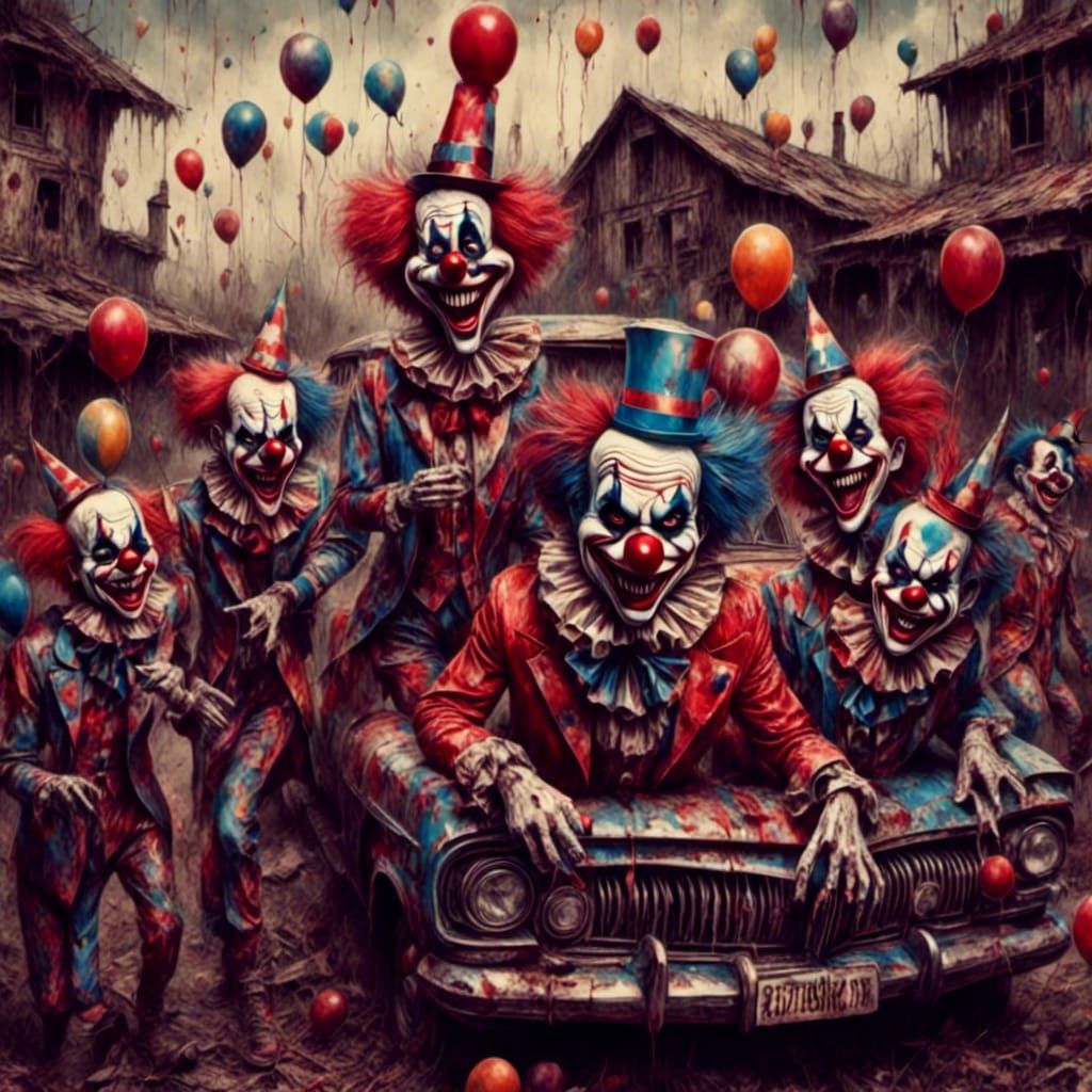 Macabre Evil Clowns Overflowing from a Clown Car