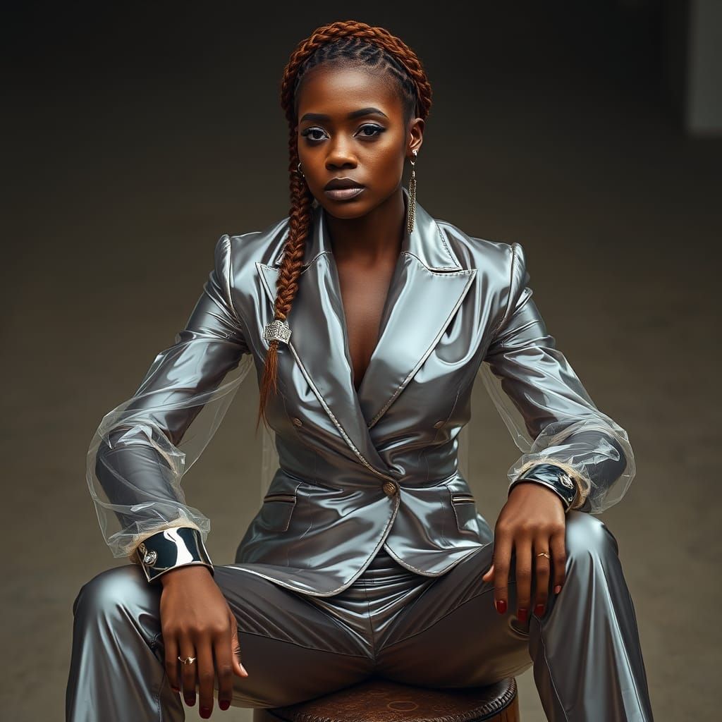 Woman in Translucent Silver Fashion Suit