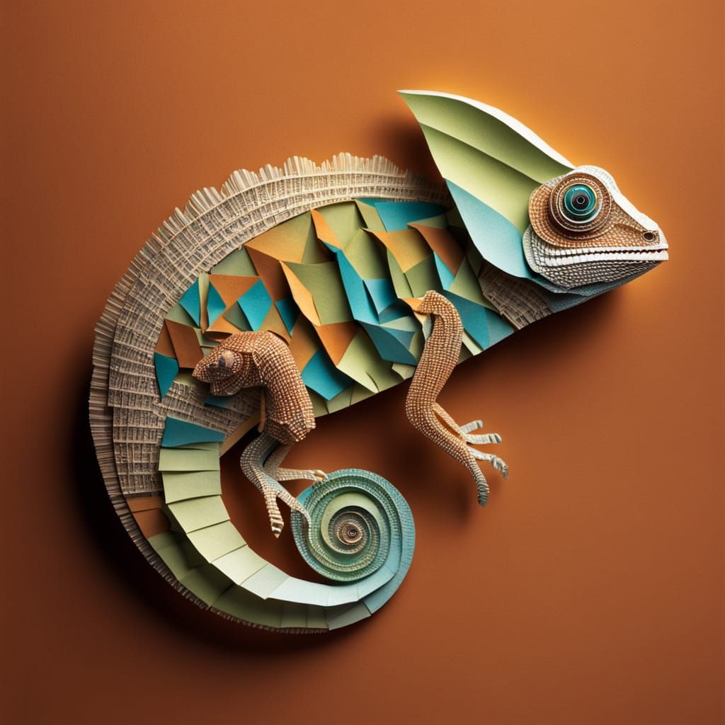 Detailed 3D Paper Chameleon on Vintage Manuscript