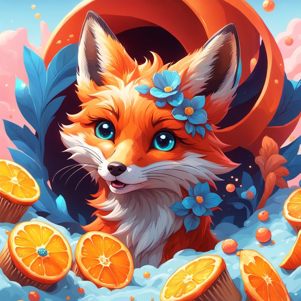 Happy Red Fox with Oranges in Artgerm Style