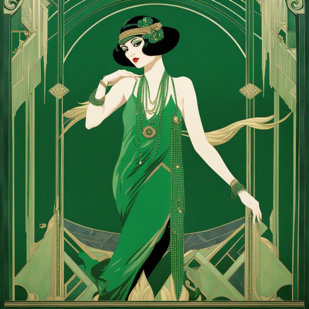 Flapper Girl in Emeralds, Art Deco Style