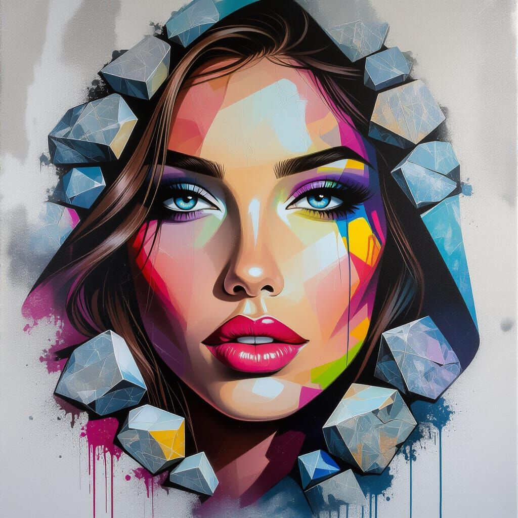 Vibrant Graffiti Art of a Woman's Face with Stone Elements