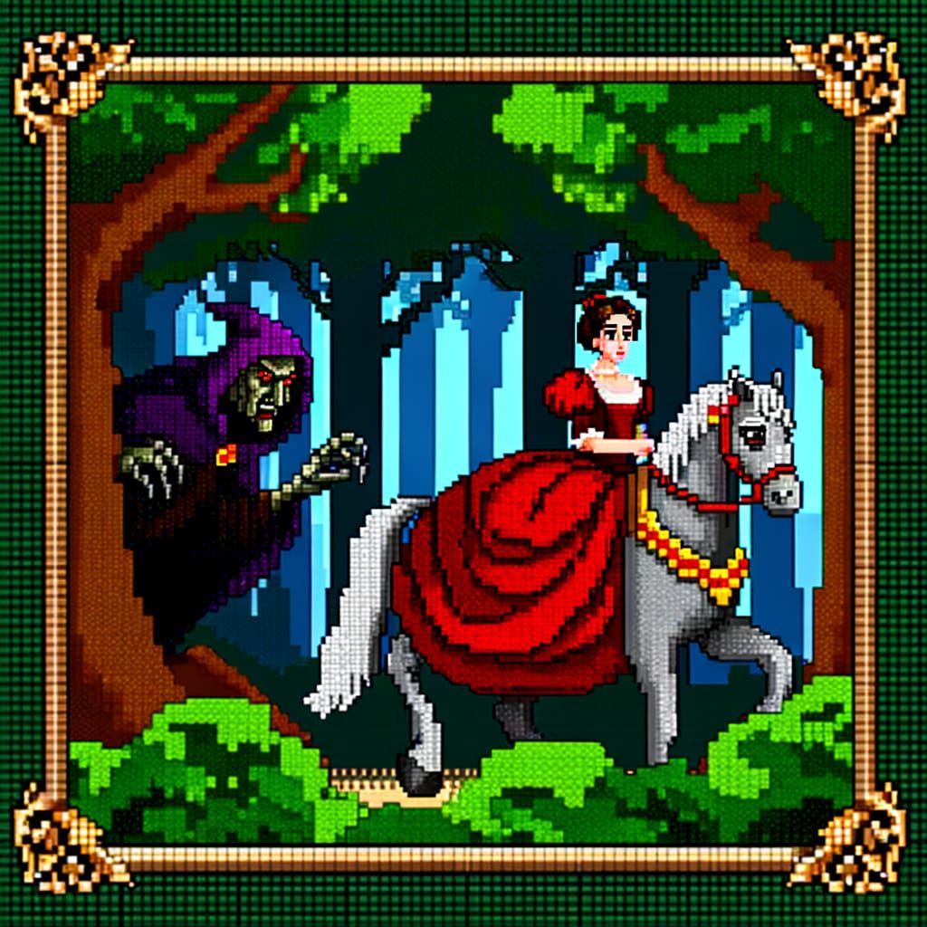 Noble Woman Pursued by Dark Fiend in Vibrant 8-bit Pixel Art