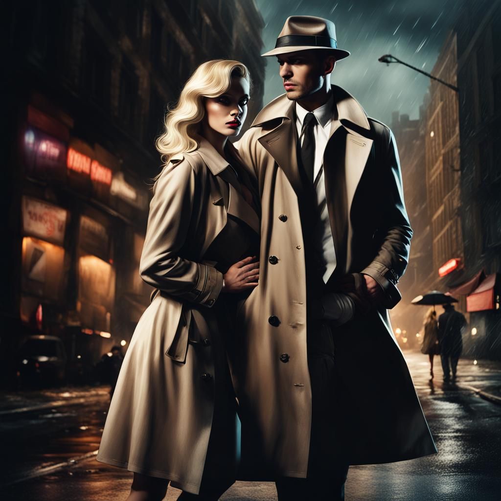 Film Noir Couple Embrace on Gritty City Street