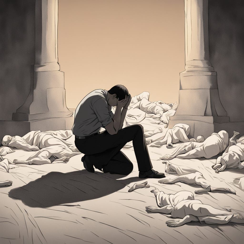 Grieving Man Between Fallen Soldiers: Digital Painting