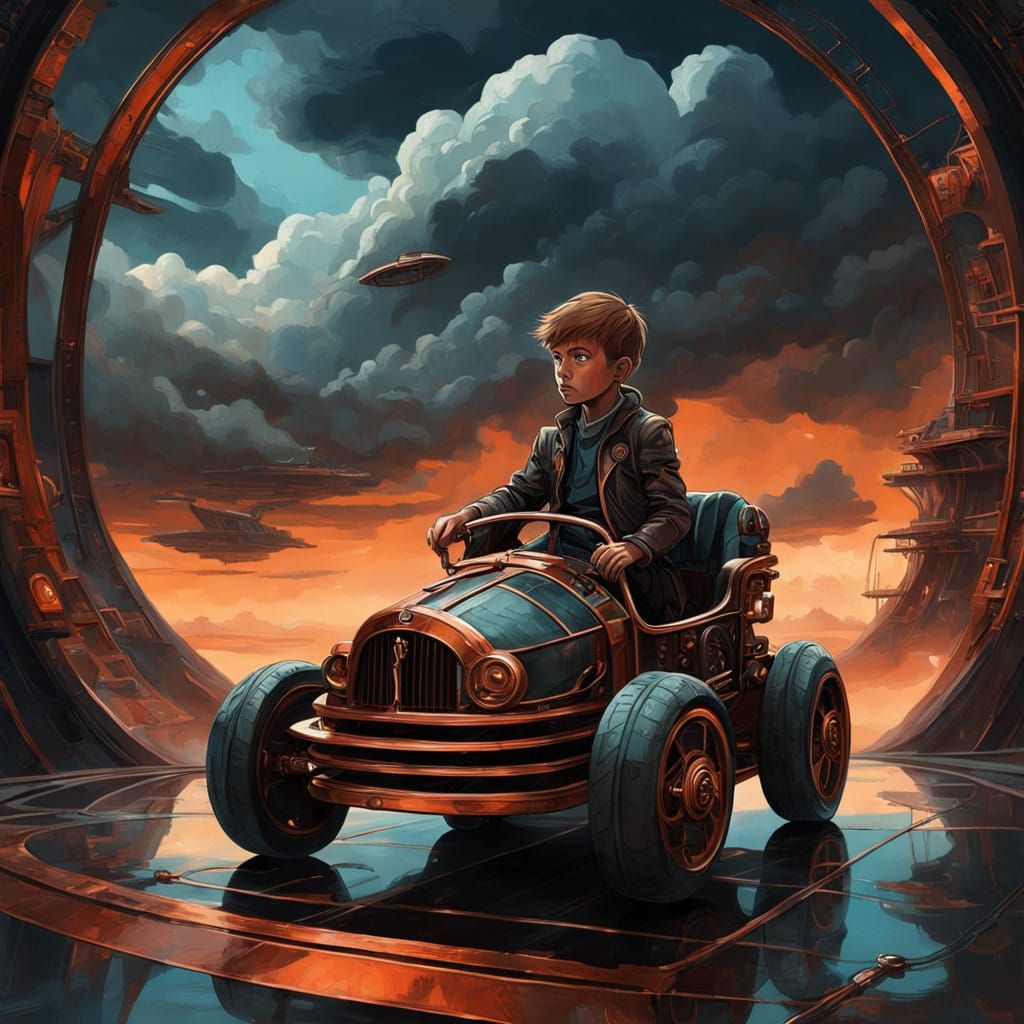 Boy in Futuristic Time Machine Ready for Blast Off