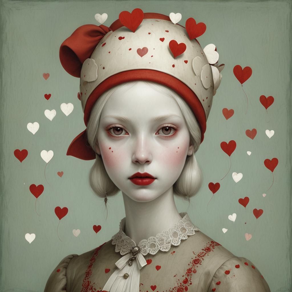 Surreal Girl Portrait with Red Hat in Mixed Media