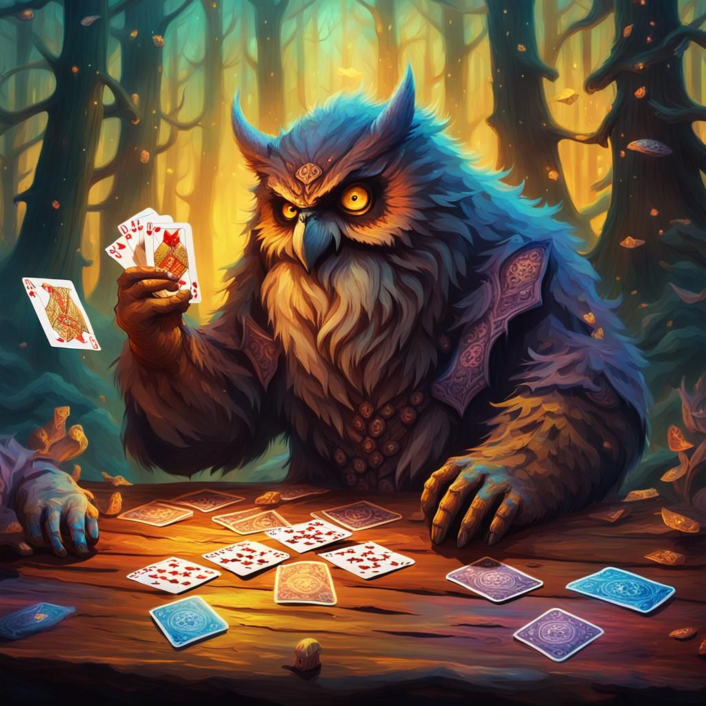 Owlbear Card Game in Mystical Forest Painting