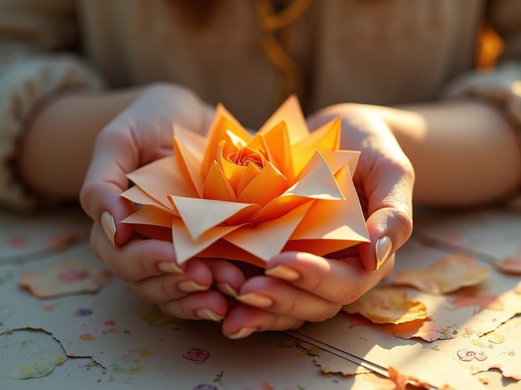 Delicate Origami Hands in Soft Focus, Neo-Impressionist Stil...