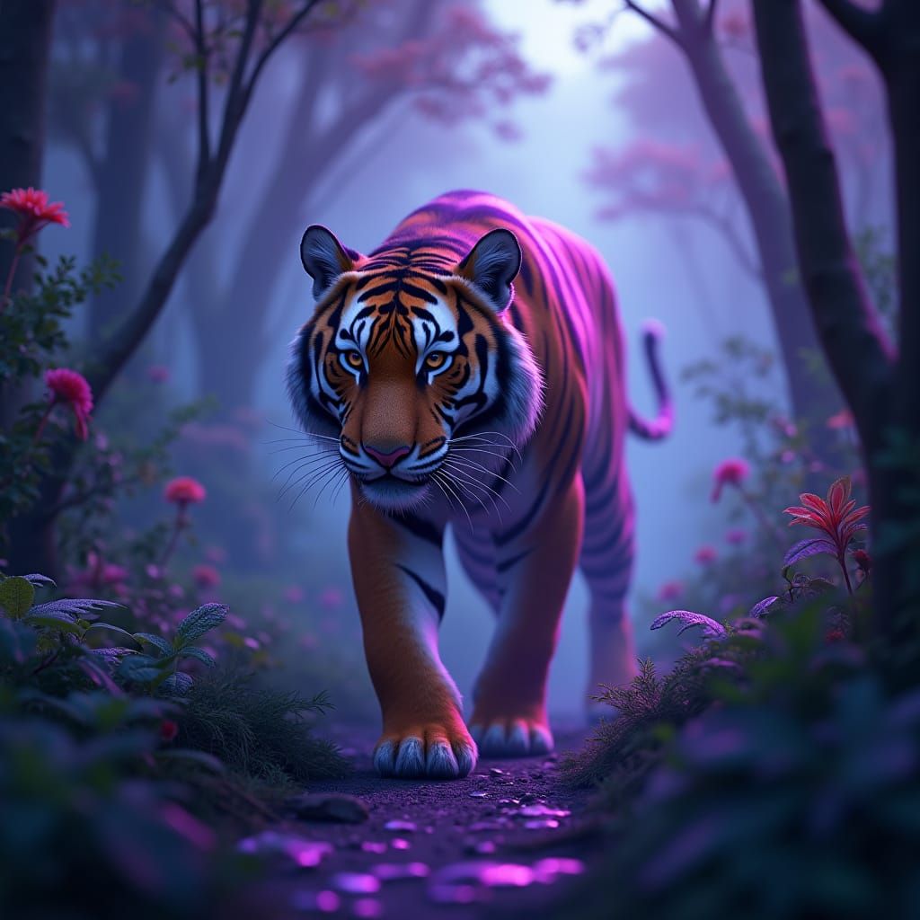 Purple Striped Tiger in Bioluminescent Forest, 3D Art