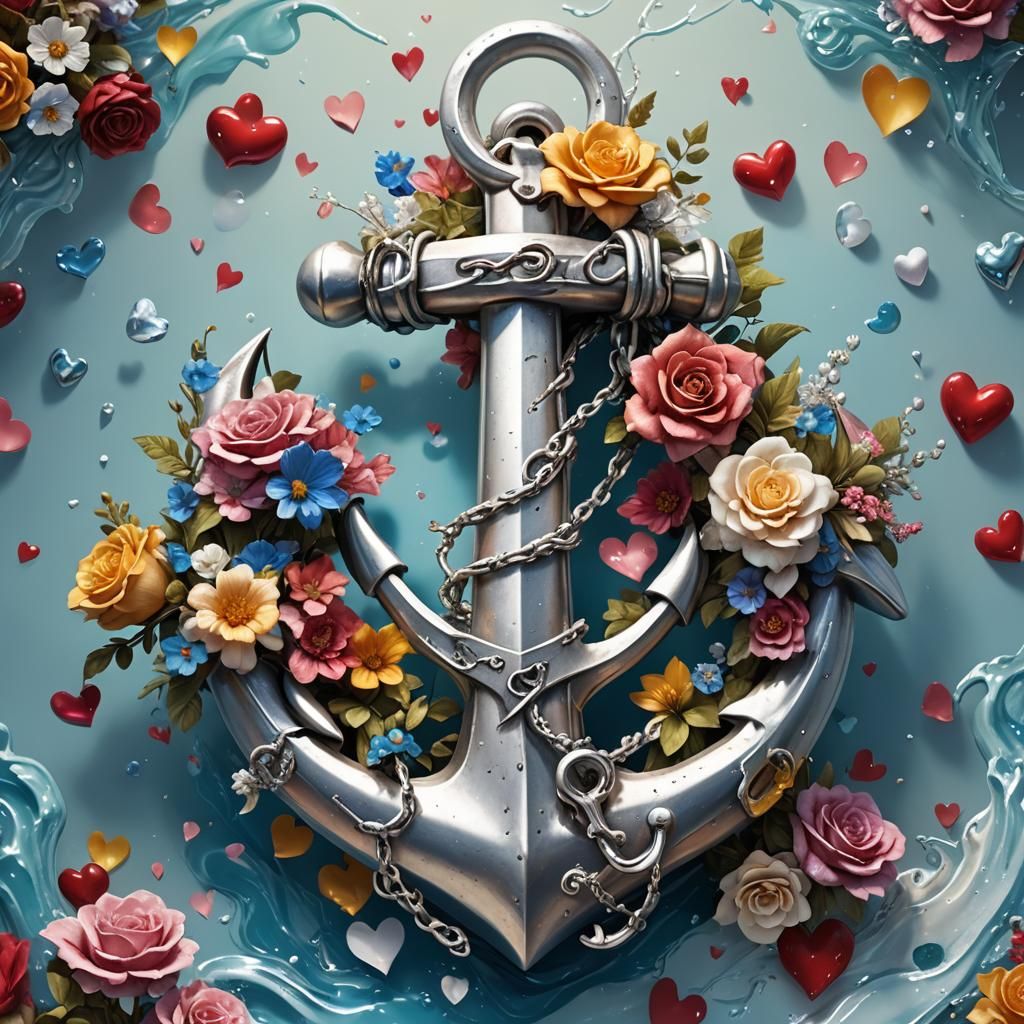Anchor of Love with Hearts and Flowers